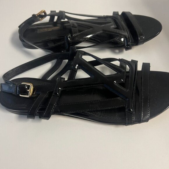 Louis Vuitton Revival Patent Leather LV Logo Sandals Flats 37.5 - Picture 2 of 5